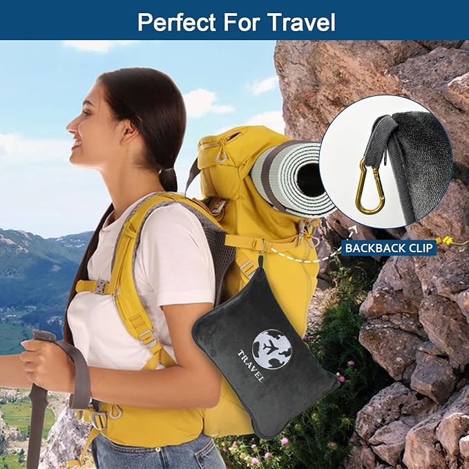 Bnuitland Travel Blanket and Pillow 2 in 1, Soft Flannel Airplane Blanket in Bag Compact-Long Flight Essential for Adults and Kids, Portable Luggage Sleeve and Backpack Clip, 65×40 inch Grey