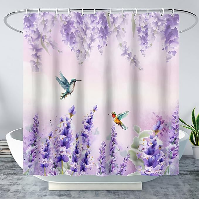 AILONEN Waterproof Floral Shower Curtain for Bathroom,Purple Wisteria Lavender Flowers Shower Curtain,Botanical Floral Decor Bathroom Polyester with Grommets and Hooks 72" W*96" H