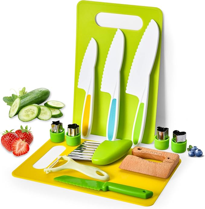 Montessori Kids Knives for Real Cooking, 13 Pieces Wooden Kids Kitchen Knife Set Include 4 Serrated Edges Plastic Toddler Knife,Crinkle Cutter Y Peeler Cutting Boards and Wood Toddler Safe Knife