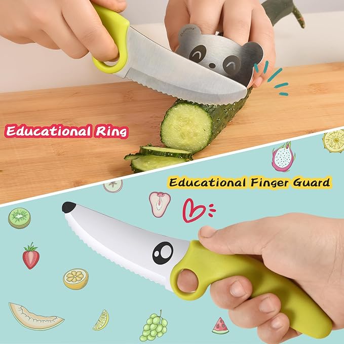Kids Knife Set for Real Cooking 3 Pieces Set with Educational Ring, Rounded Tip, Toddler Safe Montessori Knife for Cutting Training