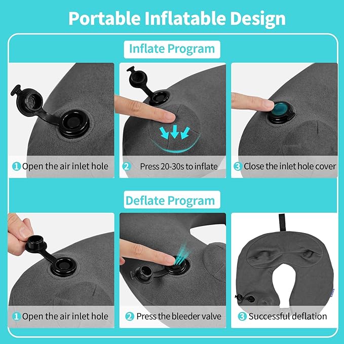 2 Pack Inflatable Travel Neck Pillow for Airplane, 360° Head Support Velvet Adult Neck Pillow for Long Flight, Removable Washable Cover, Kit with Eye Masks, Earplugs & Storage Bag, Grey