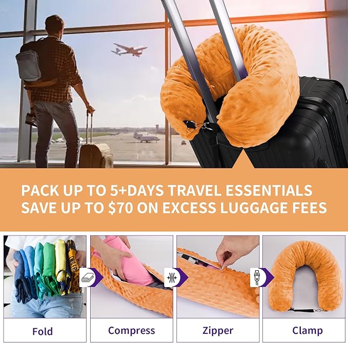 Stuffable Travel Pillow for Extra Luggage, Travel Neck Pillow Stuffable with Clothes, Stuffable Neck Pillow for Travel, Velvet Travel Neck Pillow Storage Bag, Fillable Luggage Pillow (Orange)