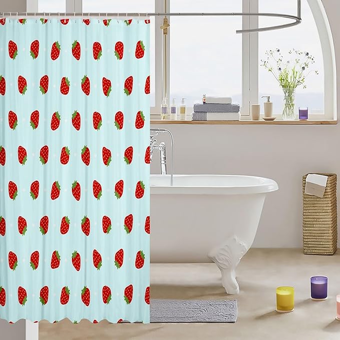 Feelyou Strawberry Fabric Shower Curtain Teal Blue Kawaii Girly Shower Curtain for Kids Boys Girls Kawaii Strawberry Bathroom Waterproof Accessories with 12 Hooks Kawaii Lovely Curtains,72x84 Inches