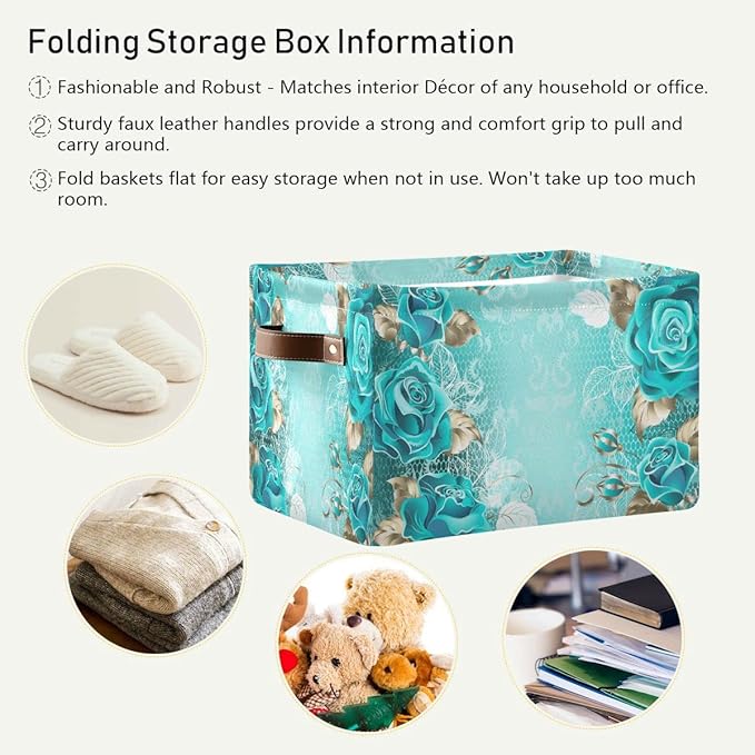 Wamika Turquoise Blue Green Rose Storage Basket Fabric Laundry Baskets Spring Flowers Leaves Storage Boxes Organizer Bag for Baby Cloth Dog Toy Book Storage Cubes Shelf Closet Bins 16x12x8 Inches