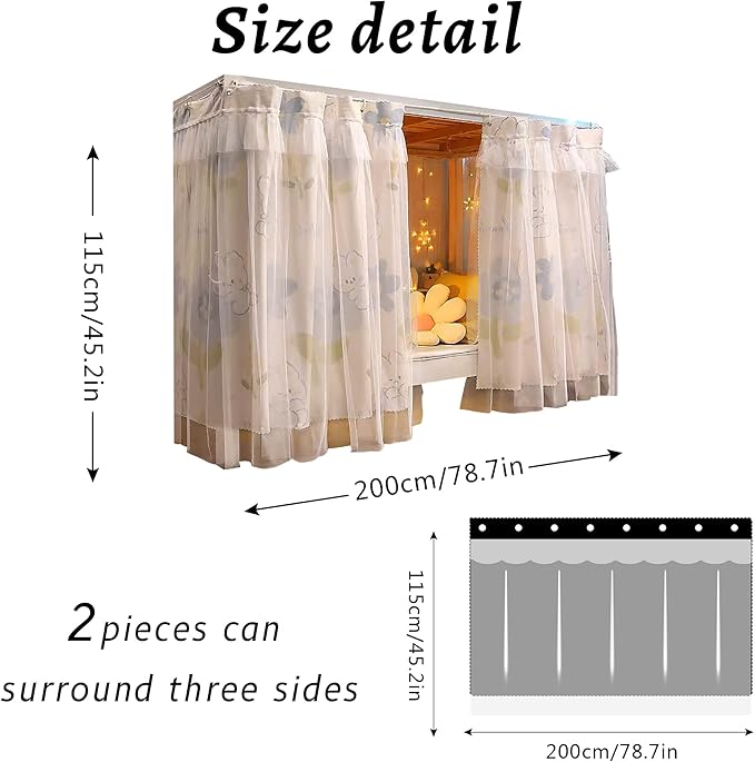 Hoce Bunk Bed Curtain Gauze Bunk Bed Curtains Drapes with Lace Privacy Dorm Bed Canopy for Bottom Twin, 2 Panels