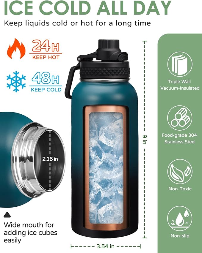 32/40/64oz Insulated Water Bottle with Straw - Spout Lids, Paracord Handle, Shoulder Carrier Bag, 32 oz Stainless Steel Water Bottle Thermal Flask for Sport Travel Work, Hydro Mug Cold for 48Hrs