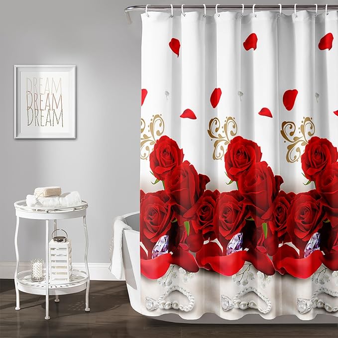 AILONEN Rose Flower Shower Curtain for Bathroom,Red Rose Bathroom Curtain for Girls Women,Romantic Flower Bath Curtain 36" W*72" H Polyester Waterproof Bathroom Curtain with Hooks
