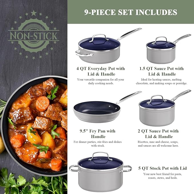 Nuwave 9pc Cookware Set Healthy Duralon Blue Ceramic Nonstick Coated, Diamond Infused Scratch-Resistant, PFAS Free, Oven Safe, Induction Ready & Evenly Heats, Tempered Glass Lids & Stay-Cool Handle