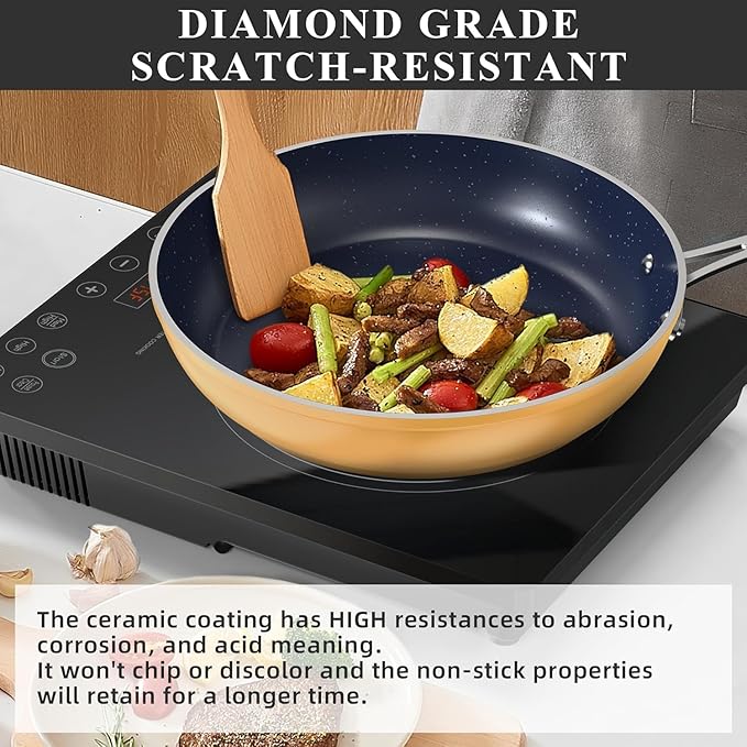 Nuwave Healthy Duralon Blue Ceramic Nonstick Cookware Set, Diamond Infused Scratch-Resistant, PFAS Free, Dishwasher & Oven Safe, Induction Ready & Evenly Heats, Tempered Glass Lids & Stay-Cool Handles