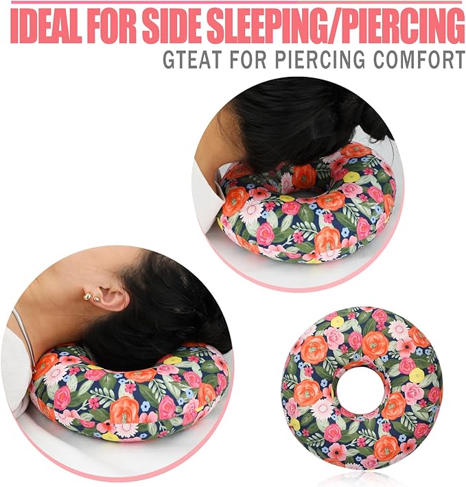Ear Hole Piercing Pillows for Ear Pain Side Sleeping CNH Pillow Pressure Sore Pain Relief Ear Guard Lifesaver Tinnitus Support Neck Head, Painting Flower