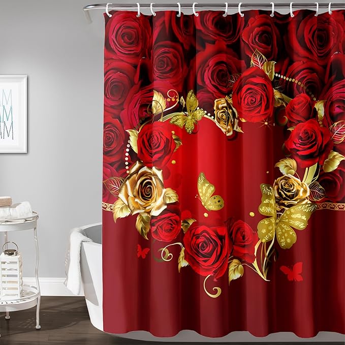 AILONEN Red Rose Couple Shower Curtain,Red and Gold Hearts Printed Bath Curtain,Modern Waterproof Luxury Rose Themed Bathroom Decor, 72" W x 78" H