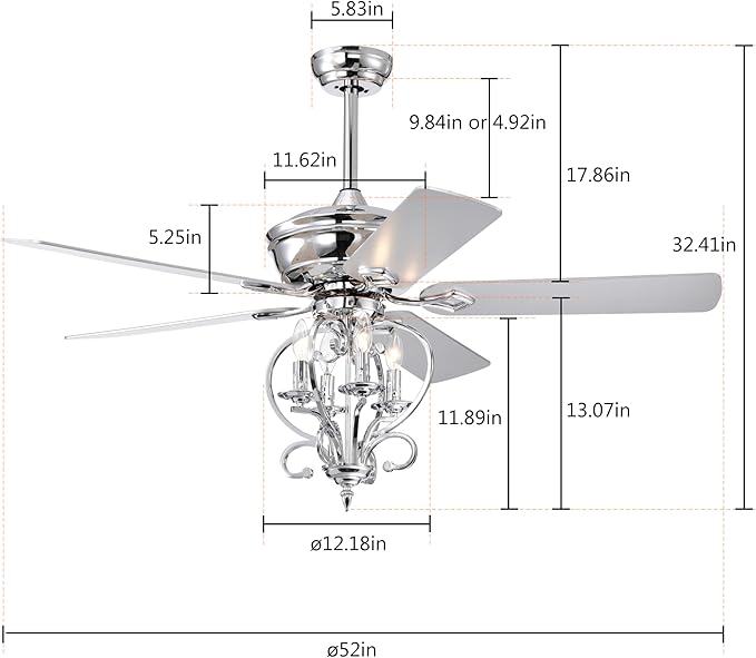 NicBex Ceiling Fan 52 Inch Ceiling Fan with Lights Industrial Ceiling Fans with 5 Blades and Remote Control Ceiling Fan with Small Lamp Shade for Bedroom, Living Room, Silver