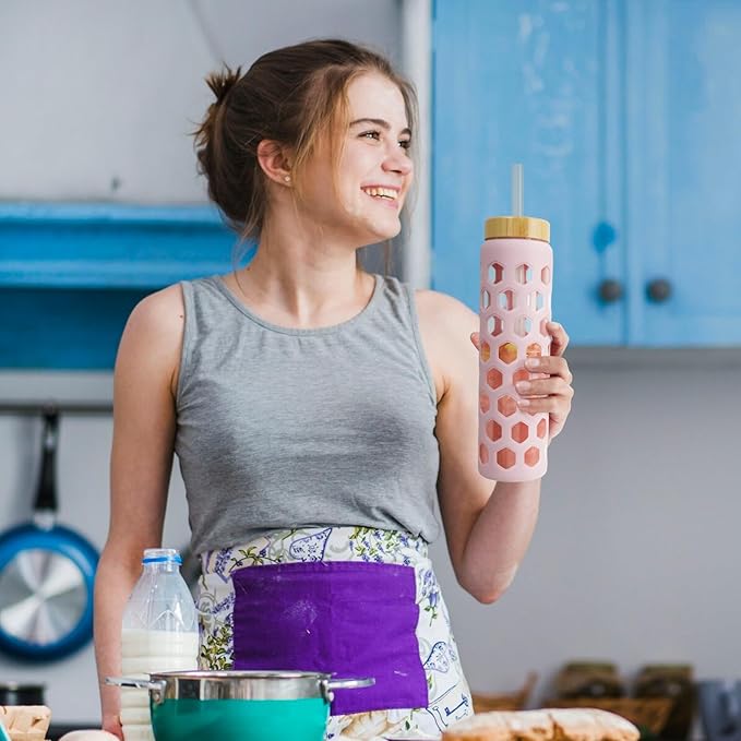 32oz Glass Water Bottles with 2 Lids-Bamboo Straw Lid & Spout Cap,Motivational Water Tumbler with Silicone Sleeve with Time Marker,Leakproof,BPA Free