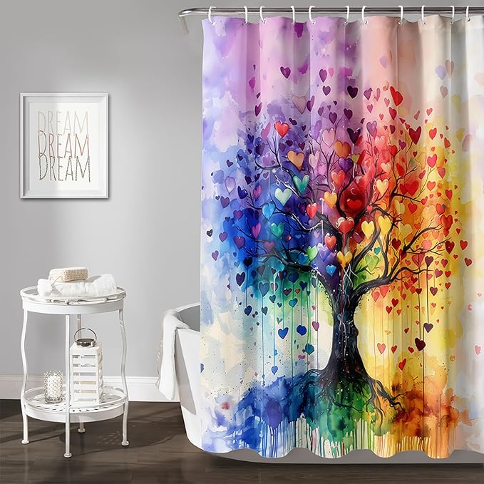 AILONEN Tree of Life Shower Curtain for Bathroom,Watercolor Hearts Tree Printed Waterproof Bath Curtain,Colorful Tree Leaves of Life Abstract Boho Shower Curtain 60" W x 72" H