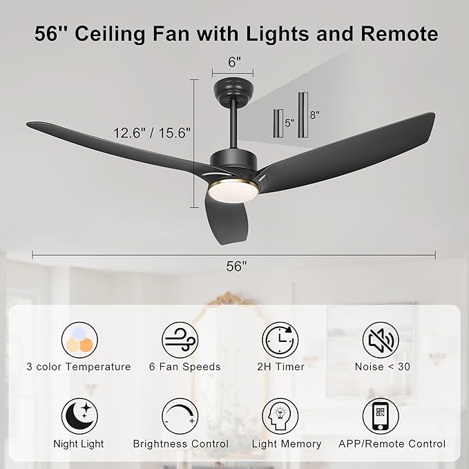 Ohniyou 56 Inch Black Ceiling Fan with Lights, Modern 3 Blades Ceiling Fan with Remote/APP Control, Reversible DC Motor, Dimmable 3 CCT, Indoor Outdoor Ceiling Fan for Covered Patios Living Room
