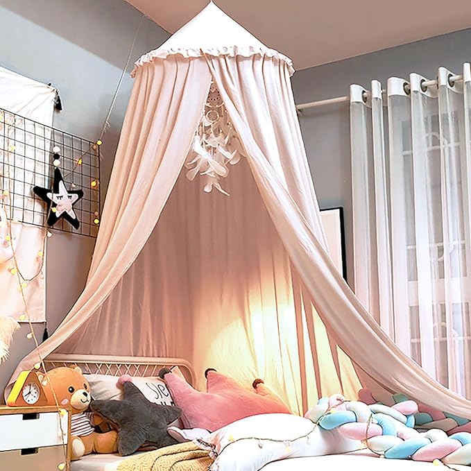 Upgrade Version of Canopy for Kids Bed, Extra Large Canopy for Girls Room Decoration Princess Castle Play Tent Hanging House, Dreamy Canopy for Children Room Reading Nook Canopies (Pale Pink Ruffle)