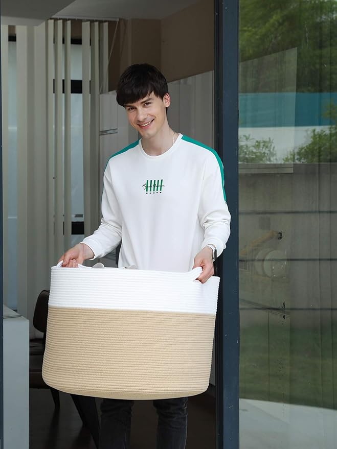 24" x 24" x 17" Max Size Large Cotton Rope Basket, Extra Large Storage Basket, Woven Laundry Hamper, Cloth Storage Bin, for Blankets Clothes Towels Pillows in Living Room, Beige