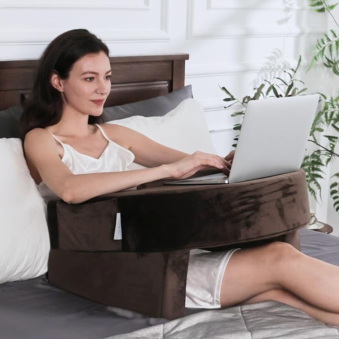 Weighted Idea Reading Pillow for Gaming, Extra Large Arm Rest Pillow for Adult，Lap Desk Pillow Gaming Pillow with 2 Side Pockets for Gaming, Reading, Working Sitting in Bed Floor Sofa (Brown)