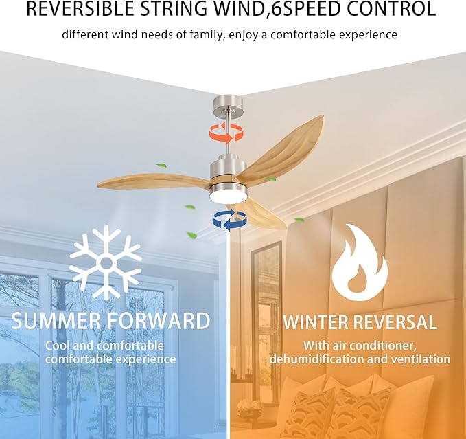 52" Wood Ceiling Fan with Lights and Remote Control, 3 Blades 6-Speed Dimmable Light Reversible DC Motor Ceiling fan for Kitchen Bedroom Dining Living Room, Wood Blades with Nickel