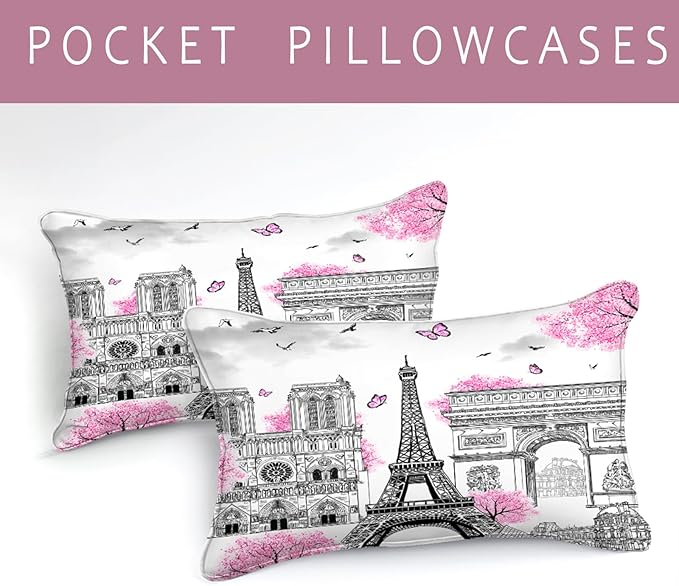 Bedbay Girls Teen Queen Bedding Set Paris Eiffel Tower Comforter Set 4 Pcs Pink Flowers Duvet Set Romantic French Style Quilt Bedding Set Lightweight Down Alternative Comforter(Paris,Queen)