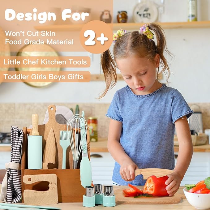 Kids Cooking Sets Real, Suhctuptx Kids Cooking and Baking Set, Wooden Kid Knife with Cutting Board Apron Rolling Pin Whisk, Toddler Real Kitchen Accessories, Birthday Gifts for Girls Boys Age 3-8