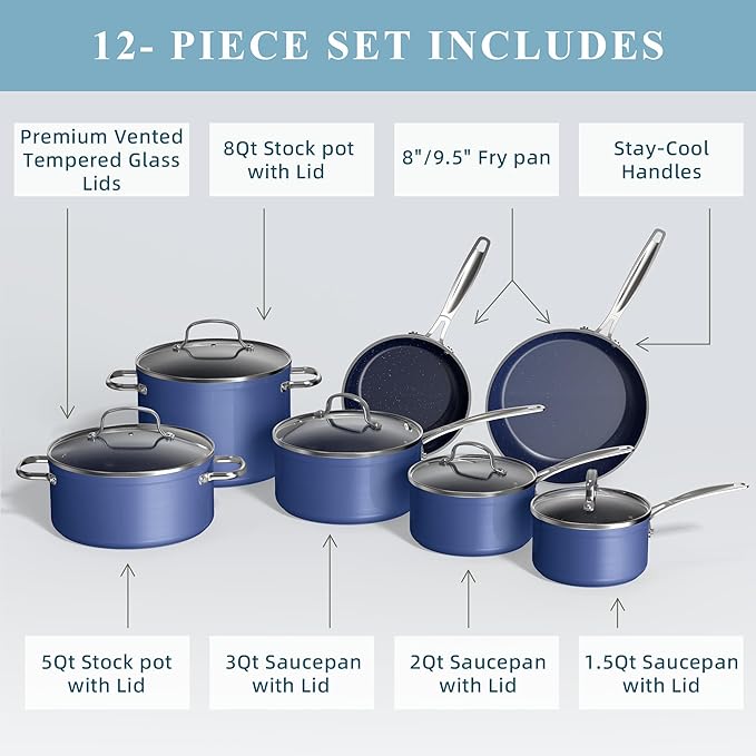 Nuwave Healthy Duralon Blue Ceramic Nonstick Cookware Set, Diamond Infused Scratch-Resistant, PFAS Free, Dishwasher & Oven Safe, Induction Ready & Evenly Heats, Tempered Glass Lids & Stay-Cool Handles