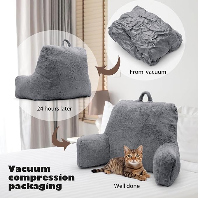 Reading Pillow Large Bed Pillow,Backrest with Arms, Back Support for Sitting Up in Bed, Couch for Lounging Bedrest,Grey