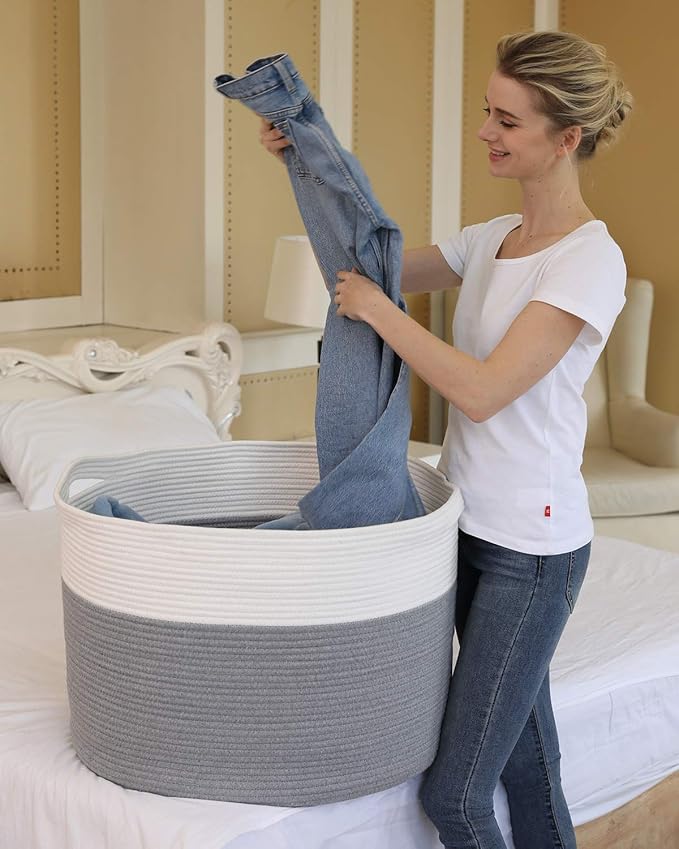 22" x 22" x 16" Mega Size Extra Large Storage Basket, Cotton Rope Storage Baskets, Woven Laundry Hamper, Cloth Storage Bin, for Clothes Towel Blanket Basket in Living Room, Large Basket Grey