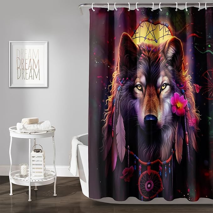 AILONEN 3D Wolf Dream Catcher Shower Curtain for Bathroom,Safari Wolf Printed Bath Curtain for Boys Men,Wildlife Decoration Shower Curtain Waterproof 60" W*72" H
