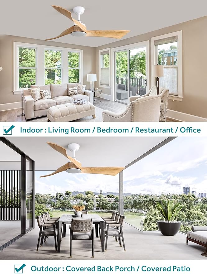 Sofucor 52" Ceiling Fan no Light, Outdoor Ceiling Fan Without Light Wood Ceiling Fan with Remote Control, 3 Blade Ceiling Fan with Quiet Energy Saving Motor, 6 Speeds, Burlyood