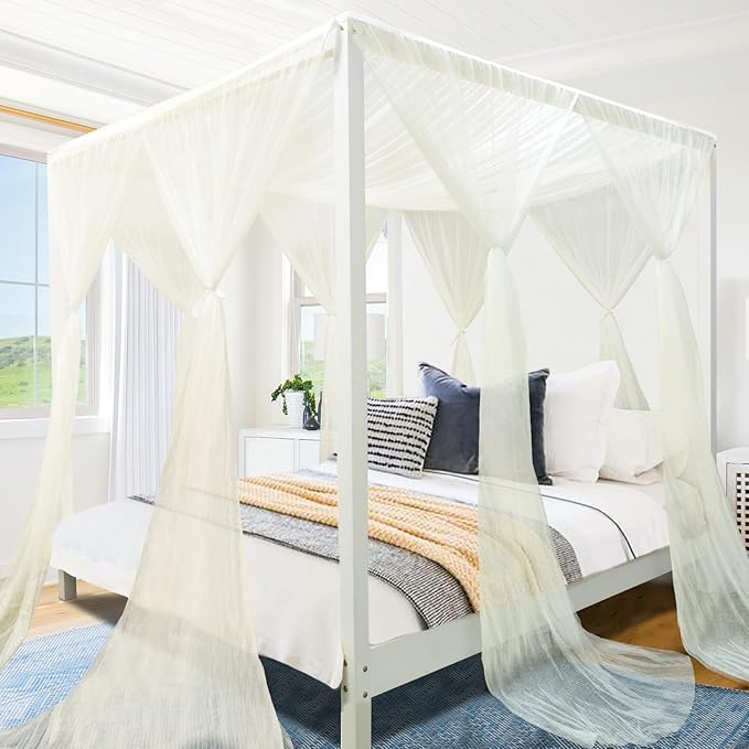 South to East Beige Canopy Bed Curtains, 4 Corner Post Bed Canopy, Top Elegant Bed Drapes for Bedroom Decor, 75D Polyester Mesh, 4 Openings, Easy Install, Bed Curtain for King/Queen Size
