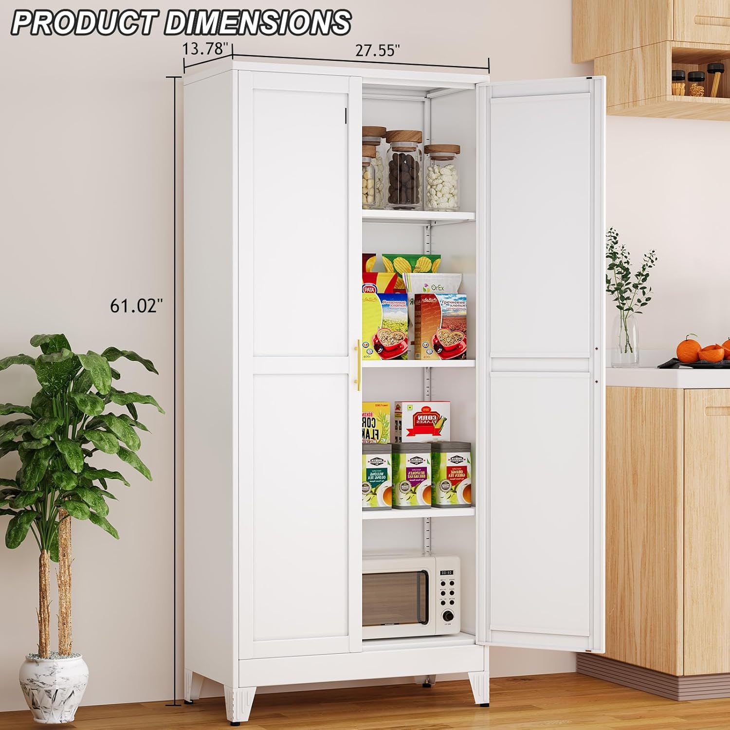Metal Pantry Cabinet with 2 Doors and Adjustable Shelves - 61" Kitchen Storage Cabinet with Gold Handles - Versatile Storage for Kitchen, Bathroom, Dining Room, Utility Room - White