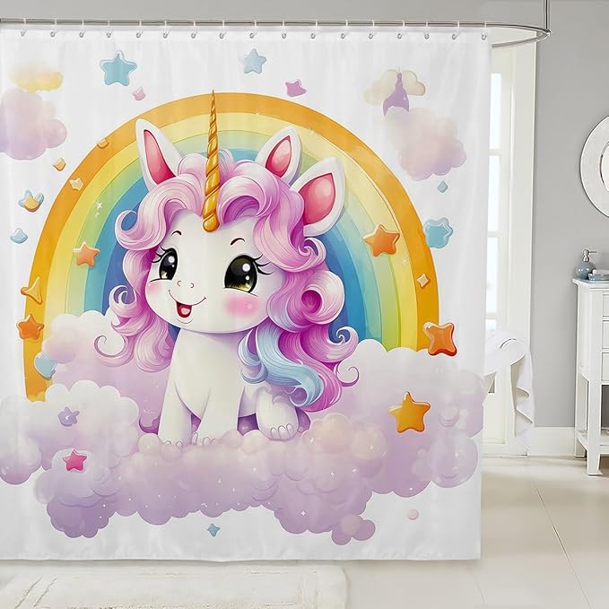 Feelyou Cute Unicorn Fabric Shower Curtain Kids Rainbow Bathroom Waterproof Accessories with 12 Hooks for Boys Girls Bright Colorful Shower Curtain Star Cloud Curtains,72x78 Inches