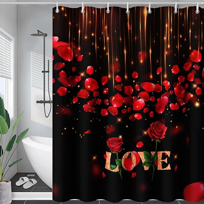 AILONEN Red Rose Flower Shower Curtain,Red and Black Shower Curtain,Romantic Flower Couple Lover Bath Curtain,Rose Themed Bathroom Decor,Waterproof 60" W x 72" H