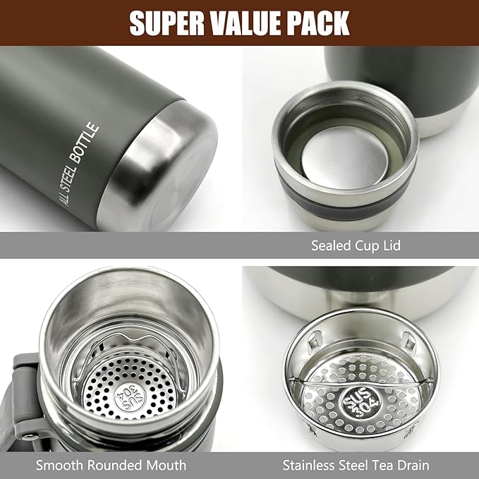 37oz Thermos for Hot and Cold Drinks, Coffee Thermos Water Bottle, Wide Mouth Thermal Cups- Leakproof Stainless Steel Insulated Thermos - Commute, Travel, and Picnic Friendly