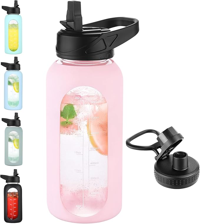 32 oz Glass Water Bottle with Straw and Handle, Sports Motivational Water Flask with Silicone Sleeve, Large Leakproof Water Flask Cup with Time Marker for Travel, Gym, Blush