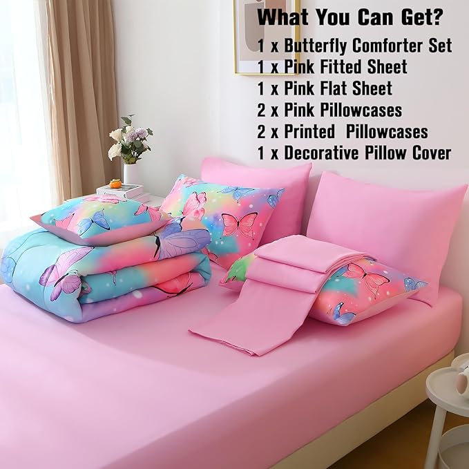 JQinHome 8 Pc Butterfly Comforter Set Full, 3D Rainbow Butterfly Bedding Set for Girls Women,All Season Microfiber Butterfly Design Bedding Collection with Pillowcase, Flat & Fitted Sheet(Rainbow)