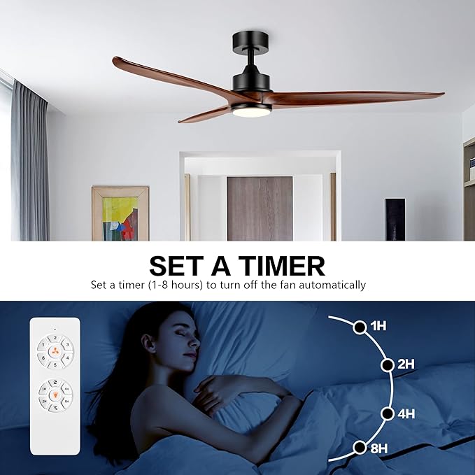 WINGBO 60 Inch DC Ceiling Fan with Lights and Remote Control, 3 Reversible Carved Wood Blades, 6-Speed Noiseless DC Motor, Modern Ceiling Fan in Matte Black Finish with Walnut Blades