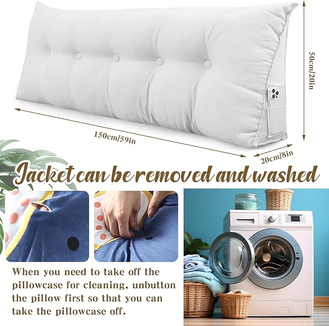 Wenqik Wedge Pillow Triangular Dorm Headboard Bed Rest Reading Backrest Back Support Long Bolster Pillow with Removable Cover for Dorm Room Supplies(White,Queen (59 x 20 x 8 Inch))