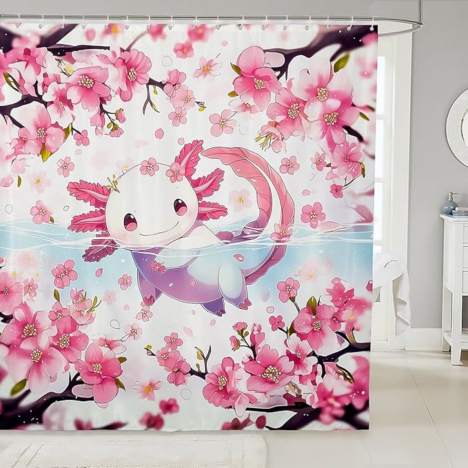 Feelyou Boys Girls Cute Axolotl Bathroom Shower Curtain Set Cartoon Salamander Bath Curtain Ocean Sealife Shower Curtain Kids Kawaii Teens Bathroom Accessories Room Decor 72"x84"