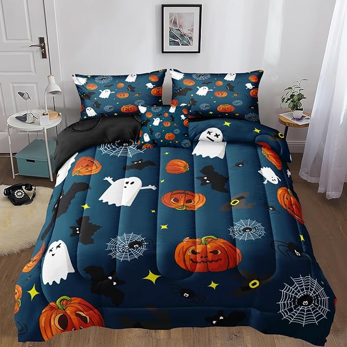 Bedbay Halloween Comforter Set Queen Size Halloween Bedding Set Full Cute Ghost Pumpkin Printed Blue Halloween Bedding 4-Piece with 1 Cushion Cover (Blue,Queen)