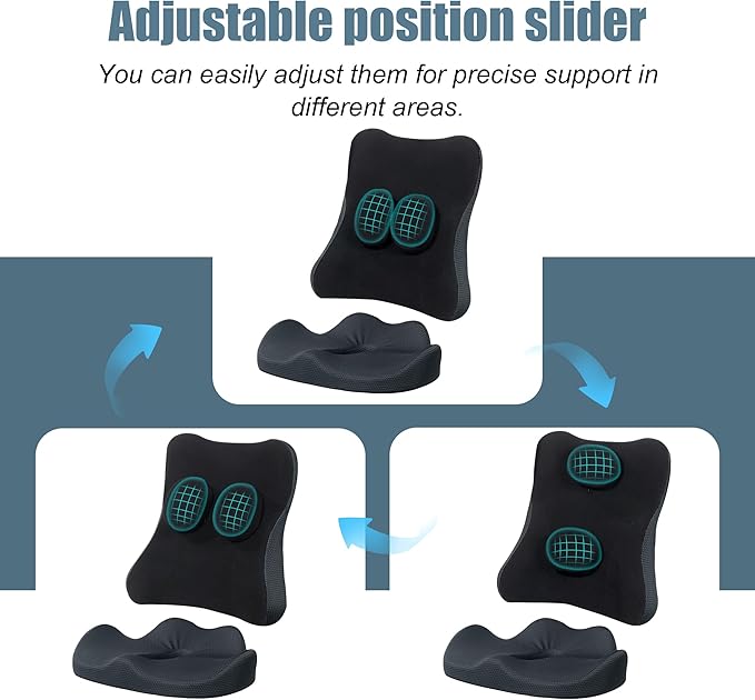 HOMBYS Memory Foam Seat Cushion & Lumbar Support Pillow for Office Chair, 2 Adjustable Sliders Attached on Back Support Pillow to Providing Accurate Support, Lower Back, Hip Pain Relief