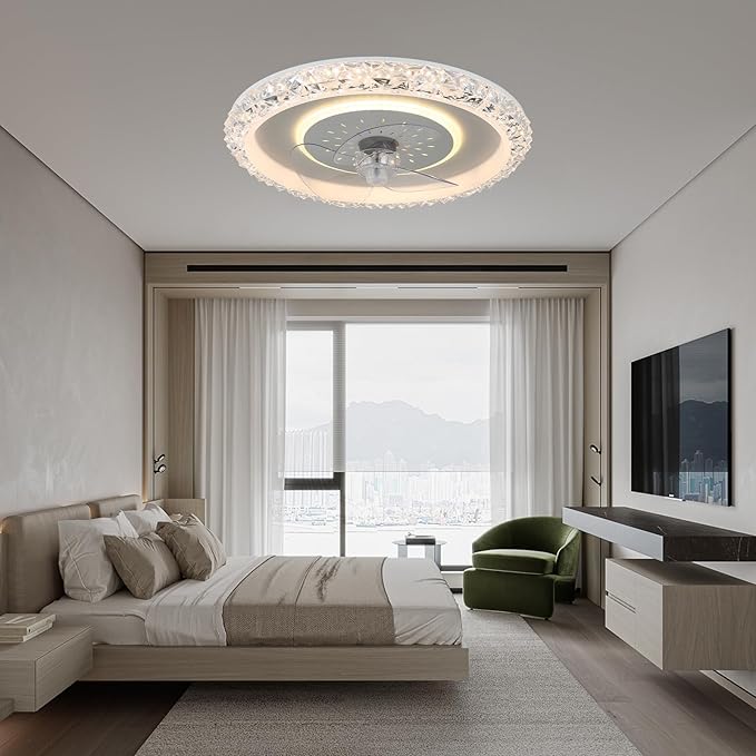 20" Ceiling Fans with Lights and Remote Control, Modern Crystal Flush Mount LED Ceiling Fan with 6 Wind Speeds, Dimmable and Reversible Fandelier for Bedroom Living Room