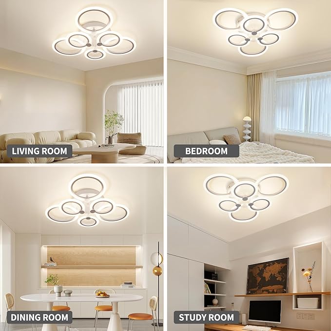 Modern LED Ceiling Light,Dimmable 3 Colors 6 Rings Flush Mount Ceiling Light Fixture,3000K-6500K 81W White Close to Ceiling Light with Remote for Living Room,Bedroom,Laundry Room