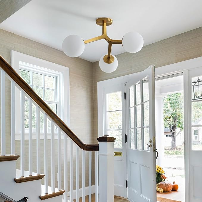 Semi Flush Mount Ceiling Light Fixture 3-Light Modern Gold Sputnik Chandelier with Globe Milky Frosted Glass Shade E12 Sputnik Ceiling Light for Kitchen, Hallway Light Fixtures Ceiling