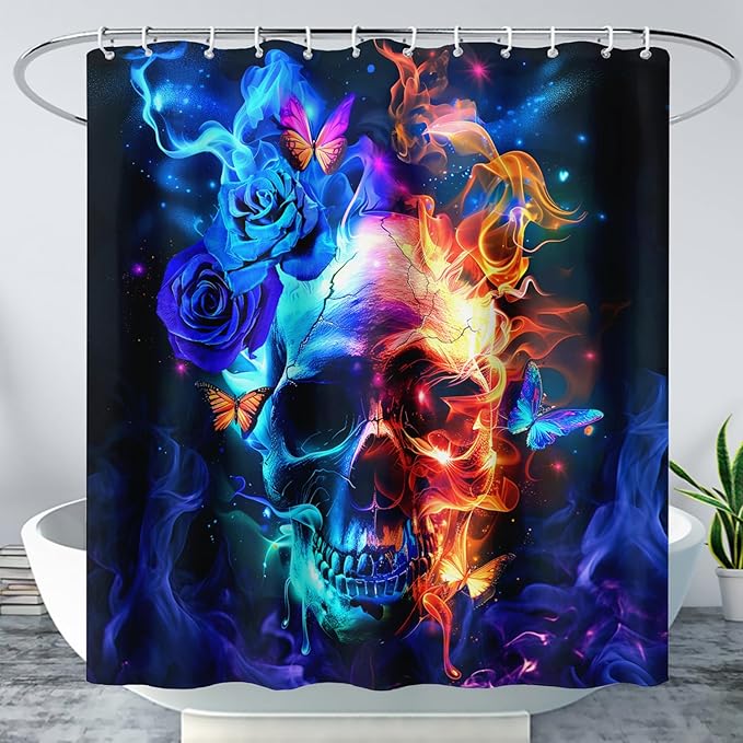AILONEN Sugar Skull Shower Curtain,Blue Rose Flower Skull Bath Curtain,3D Printed Fire Skull Waterproof Curtain,Galaxy Butterfly Shower Curtain for Bathroom 72" W x 84" H