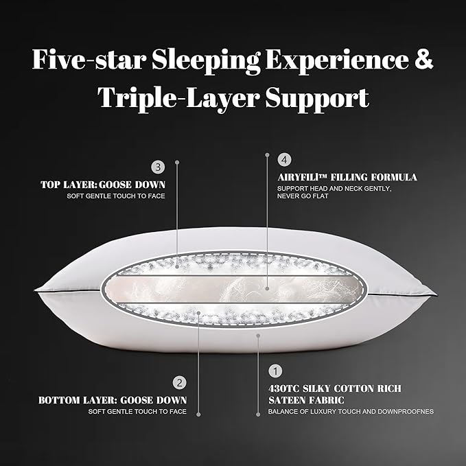 Luxury Goose Down Bed Pillows for Sleeping, 1 Pack White Hotel Soft Feather Down Pillow with Airyfil™ Fillings, Medium Firm for Back, Stomach, Side Sleepers (Queen Size, 20 × 30 in.)