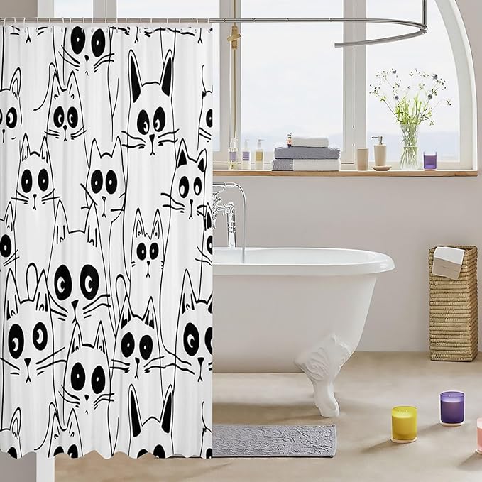 Feelyou Cat Bathroom Shower Curtain Set Cute Cat Bath Curtain for Kids Boys Girls Cartoon Cat Shower Curtain Kids Cat Kids Bathroom Accessories 72"x78"