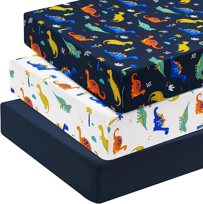 3 Pack Fitted Crib Sheets, Ultra Soft Breathable Comfortable Baby Sheet Set for Boys Girls Neutral, 28x52 Inch Fits Standard Crib and Toddler Mattresses, Dinosaur