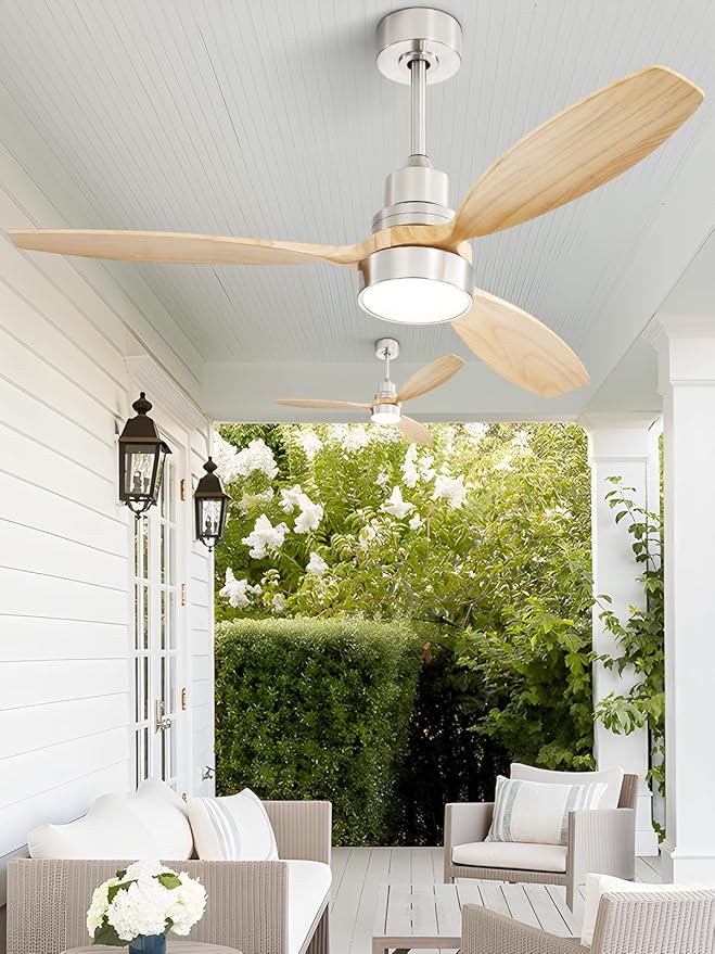 Sofucor 52" Ceiling Fan with Lights Remote Control, 3 Poles for Indoor Outdoor Ceiling Fan with Remote, Wood Ceiling Fan with 3 Color Temperature, Brushed Nickle